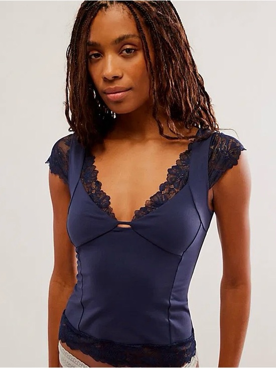 Intimately By Free People Tops - NWOT Intimately Free People Navy Lace-Trim Fitted Tee Size S